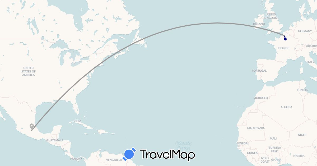 TravelMap itinerary: driving, plane in France, Mexico, United States (Europe, North America)